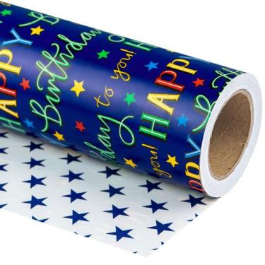 Imagem de Papel de embrulho WRAPAHOLIC Reversível Birthday 43cm x 10m Azul