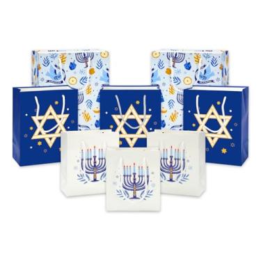 Imagem de JarThenaAMCS 8 peças de saco de papel de Hanukkah azul Menorah Star Treat Bags com alças sacos de doces para Chanucá aniversário chá de bebê lembrancinhas suprimentos