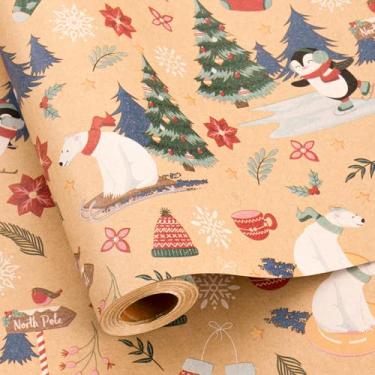 Imagem de MAYPLUSS Rolo de papel de embrulho de Natal - 43 cm x 85 m - Papel de embrulho Kraft com urso polar fofo pinguim árvore de Natal azevinho linhas de corte reversíveis para crianças, férias, ano novo