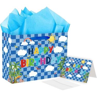 Imagem de SUNDECO Bolsa grande de presente de aniversário, bolsa azul para presente de feliz aniversário com cartão e papel de seda