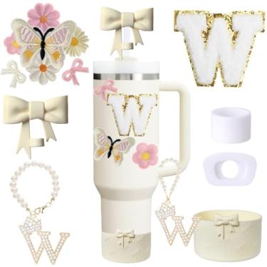 Imagem de Conjunto de acessórios de copo Stanley branco de 13 peças para copo de 850 g 1134 g com alça, incluindo pingente de alça, adesivo inicial personalizado, topo de palha, bota de silicone, tampa à prova