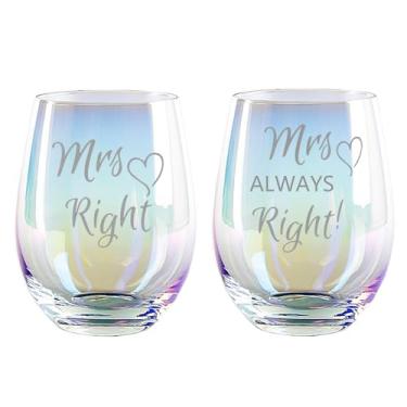 Imagem de Osci-Fly Presentes de Natal para casais lésbicos, taças de vinho arco-íris gravadas Mrs Right, Mrs Always Right Anniversary Rainbow Stemless Wine Cups Conjunto de presente de casamento para casal