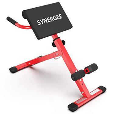 Imagem de Cadeira romana Synergee. Máquina de hiperextensão de aço revestido vermelho. GHD Ab Bench para treino na parte inferior das costas, exercícios hiperativos.