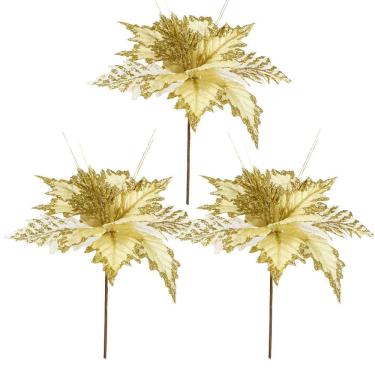 Imagem de Kit 3 Pick Natalino Flor Bico de Papagaio Dourado Borda Glitter Luxo 25cm x 16cm