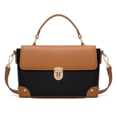 Imagem de Milan Chiva Bolsa transversal pequena feminina elegante alça superior designer bolsas quadradas, Preto ébano com marrom, 10.5 x 6 x 3.4 inches