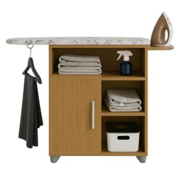 Imagem de Tabua de Passar Roupa com Prateleiras 1 Porta com Divisórias Porta Cabide Porta Ferro, Tabua de Passar Roupa Reforçada(FREIJO)