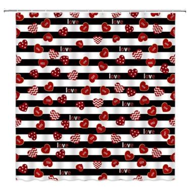 Imagem de ASVEAS Cortina de chuveiro de dia dos namorados vermelho pequeno coração preto listrado amor tecido moderno para decoração de banheiro banheira com ganchos (177.8 cm WX70 H)