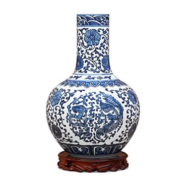 Imagem de Vaso de flores vaso de cerâmica chinês retrô dragão e fênix pintado à mão azul e branco vaso de flor de porcelana 30,9 cm grande decoração vasos de mesa com B