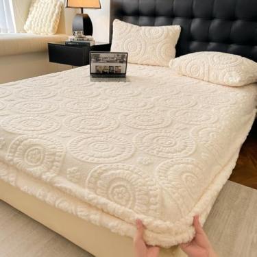 Imagem de Lençol de elástico com bolso profundo, veludo fofo, flanela macia, roupa de cama quente para o inverno, protetor de colchão fácil de cuidar, bege, 180 x 200 cm (apenas capa de colchão)