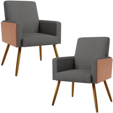 Imagem de Kit 02 Poltronas Decorativa Maria W01 Pés Palito Linho Cinza Escuro Couríssimo Camel - Lyam Decor