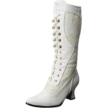 Imagem de Botas femininas de cano médio retrô com cadarço bico fino de renda salto alto pull on fashion cowboy cowgirl cano médio, Branco, 6.5