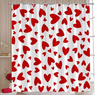 Imagem de AMFD Cortina de chuveiro para dia dos namorados vermelho branco coração romântico casal doce decoração conjunto de tecido inclui ganchos, (177.8 cm WX70 H)