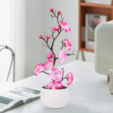Imagem de Bonsai de plástico artificial com flores de ameixa artificial para decoração de casa, decoração de escritório, decoração de jardim (rosa)