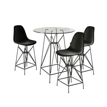 Imagem de Jogo Mesa Bistrô Eames Vidro 60Cm 3 Banquetas Preta Base Ferro Preto - Cor: Branco