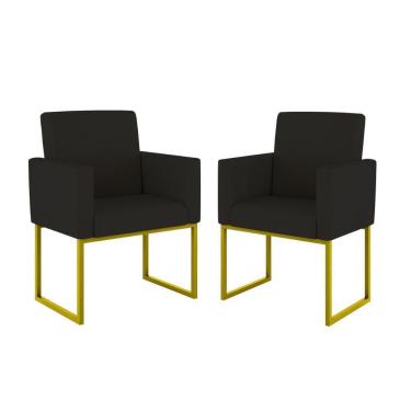 Imagem de Kit 02 Cadeiras Poltrona Decorativa Sala Quarto Base Dourado Cor: Preto
