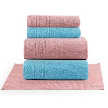 Imagem de Jogo de Banho Lummi Toalhas Macias 100% Algodão Fio Penteado 5 Peças Rosa e Azul