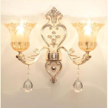 Imagem de Luminária de parede de cristal de luxo europeia, moderna, com LED, para decoração de sala de estar, quarto, escritório, quarto modelo, hotel, casa de campo, corredor (1 peça com 2 lâmpadas).