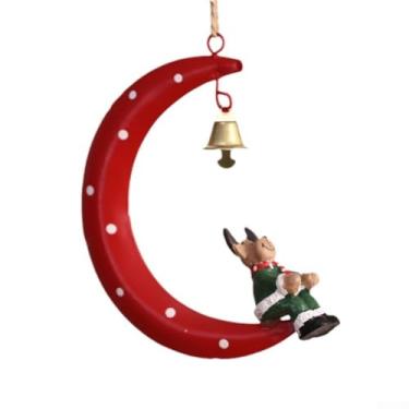 Imagem de Enfeite de ferro de Papai Noel para decoração de árvore de Natal ou parede, forma de lua caprichosa com rena e sino, 11 x 8 x 3 cm, verde/branco/vermelho