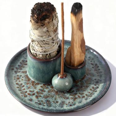 Imagem de Reyife Queimador de incenso 5 em 1, suporte de cerâmica de 15 cm para queimar velas de sálvia Palo Santo e cones de incenso, bandeja coletora de cinzas para decoração de casa de sala de meditação