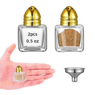 Imagem de 2 peças de saleiro e pimenteiro pequenos em forma de cubo de 14,2 g com tampo de tom, mini potes de tempero de vidro transparente, saleiro de especiarias com funil para festa de casamento, restaurante