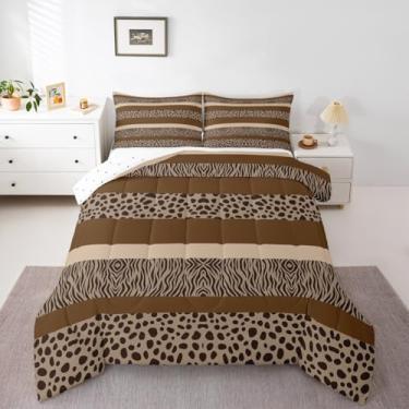 Imagem de Feelyou Conjunto de edredom de leopardo marrom para todas as estações, zebra, com 2 fronhas, microfibra e estampa animal, roupa de cama queen, safári, decoração de quarto, edredom respirável, macio e