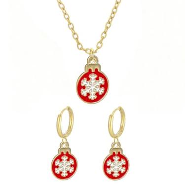 Imagem de Conjunto de joias de Natal de disco vermelho floco de neve branco esmaltado flor de inverno colar com pingente de argola pequena bonito brincos pendentes para mulheres tom dourado festa feriado meia