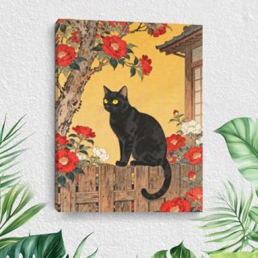 Imagem de Arte de parede em tela de gato de desenho animado, pinturas de arte emolduradas em estilo japonês, decoração de parede, cena da natureza e amantes de gatos imagem para sala de estar, sala de jantar