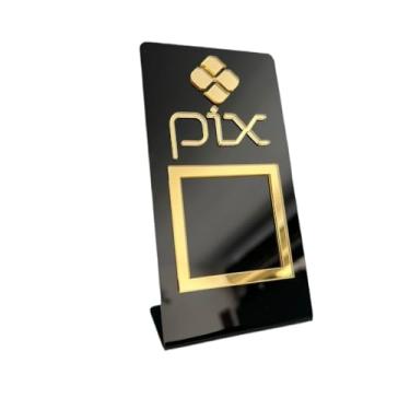 Imagem de Placa Display Pix C/Base Mesa Balcão Pagamento Qr Corde Acrilico(DOURADO FUNDO PRETO)