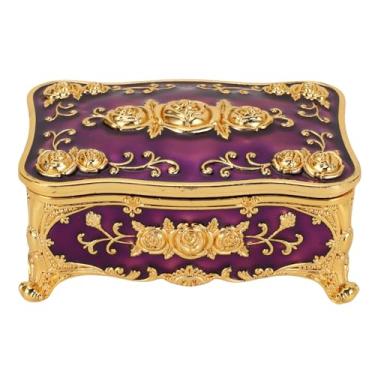 Imagem de Luqeeg Caixa de Joias Vintage, Requintado Padrão Rosa, Organizador de Joias Retangular de Liga de Zinco Com Forro de Veludo Macio, Berloque para Anéis, Brincos, Colares, Pulseiras (Ouro Roxo)