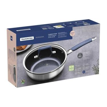 Imagem de Frigideira Tramontina Funda Com Tampa Romagna Em Aço Inox E Alumínio Com Revestimento Cerâmico Black Stone 24cm