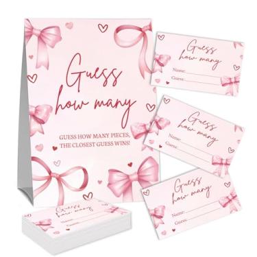 Imagem de Placa Guess How Many Candies (1 placa de pé e 50 cartões de adivinhação) Kit de cartas de jogo de atividades de festa com arco rosa para chás de bebê, festas de recém-nascidos, chá de casamento de