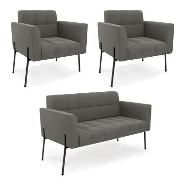 Imagem de Sofá Namoradeira E 2 Poltronas Pé De Ferro Preto Elisa Suede D03 - D`rossi Cor Grafite