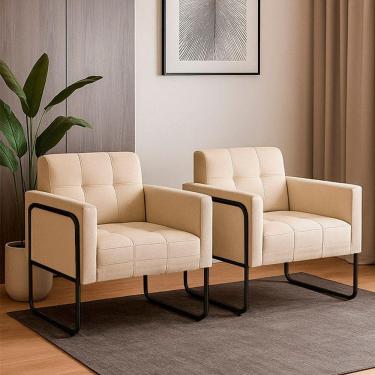 Imagem de Poltrona Sala Industrial Alta Tubo Preto Kit 2 Elisa Linho Bege D03 - D`rossi