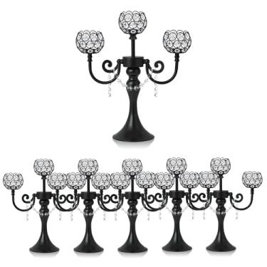 Imagem de Candelabro de metal dourado de 3 braços com tigelas de cristal, suporte de chá de mesa central para aniversário, mesa de jantar, decoração de festa, Natal e decoração de casa (6, preto)