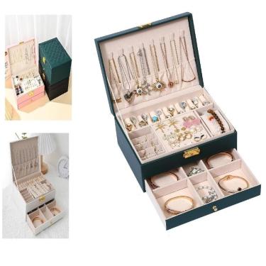 Imagem de Maleta Porta Joias Caixa Organizador Brincos Estojo Aneis Pulseiras Relogio Gaveta 2 Andares Viagem Cor:verde;tamanho:u