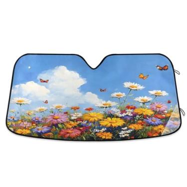 Imagem de ATTX Pára-brisas de carro coloridas lindas flores silvestres 139.7 cm x 70.1 cm Protetor solar universal com proteção UV, persiana de janela frontal automática dobrável para caminhões Sedans SUVs #308