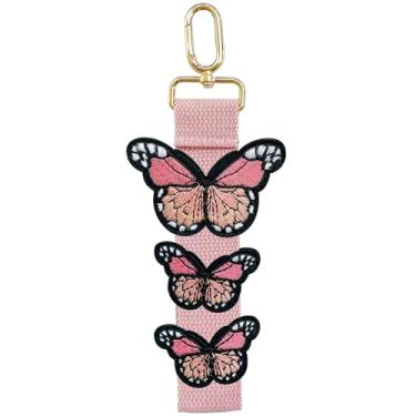 Imagem de CHAJAONE Chaveiro bordado de borboleta DIY - Patch de passar a ferro + pulseira de chaveiro, cordão de decoração para bolsa de chaveiro, carteira de bagagem, rosa, 2.8" x 8.1"