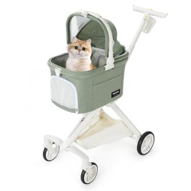Imagem de BEBEROAD PETS TT Carrinho de bebê leve para cães e gatos pequenos, carrinho de viagem dobrável com uma mão com dossel e suporte de copo, bolsa conversível de 4 vias. Verde