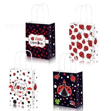 Imagem de Boerni Pacote com 18 sacos de presente de papel joaninha com alças, sacos de doces de joaninha, 22 x 16 x 8 cm, suprimentos de festa de bolinhas pretas e vermelhas para festa, casamento, aniversário