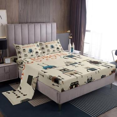 Imagem de Jogo de lençol casal de robôs retrô, 4 peças, geométrico, retangular, lençol com elástico + lençol de cima, 2 fronhas