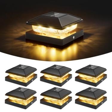 Imagem de VOLISUN Cerca solar 4x4 - Pacote de 6 lâmpadas de poste solar para uso ao ar livre, à prova d'água, luz de poste preta alimentada por energia solar com branco quente, para poste de vinil 4 x 4 x 4