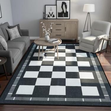Imagem de Vasofe Tapetes de juta xadrez, 12 x 18 cm, tapete lavável para sala de estar, tapete antiderrapante, geométrico, antiderrapante, para quintal, sala de jantar, quarto, preto e branco