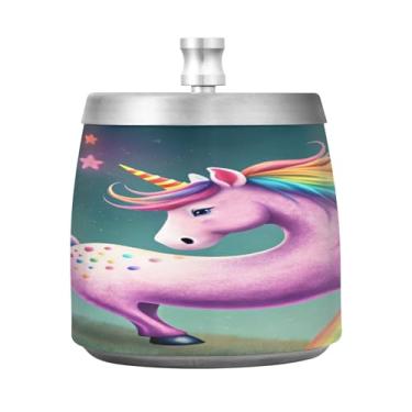 Imagem de Qilmy Cinzeiro de aço inoxidável de cavalo arco-íris com tampa - Cinzeiro de cigarro à prova de vento sem cheiro sem fumaça para casa, escritório, carro, pátio, varanda (uso interno e externo)