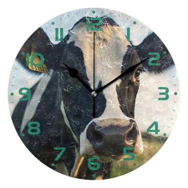 Imagem de JUZIHAI Relógio de parede bonito de vaca holstein, silencioso, sem tique-taque, redondo, operado por bateria, fácil de ler, relógio decorativo de parede para casa, cozinha, sala de estar, quarto