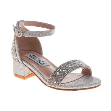 Imagem de Josmo Sandálias femininas de salto baixo com tiras formais brilhantes, Pérola, prata, 12 Little Kid