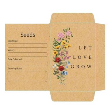 Imagem de AnyDesign 100 pacotes de sementes de casamento Let Love Grow Envelope autoadesivo de sementes vintage buquê de flores silvestres bolsos de armazenamento de sementes kraft para jardim, escritório