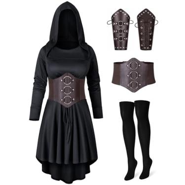 Imagem de Irtysh Roupão feminino medieval renascentista com capuz conjunto de cinto conjunto cosplay traje de Halloween (BK GG)