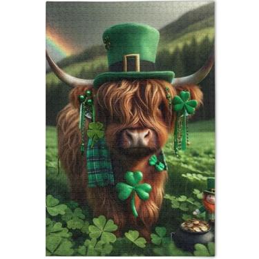 Imagem de Cute Highland Cow St. Patricks Quebra-cabeça adulto 1000 peças arte colorida animal quebra-cabeça exclusivo para adultos personalizado Engraçado, 75 cm x 50 cm