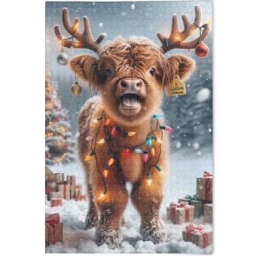 Imagem de Quebra-cabeça de Natal Highland vaca inverno bonito para adultos 1000 peças presentes da natureza para jogo de elefante branco Prime Family Puzzles impressão animal arte decoração, 75 cm x 50 cm