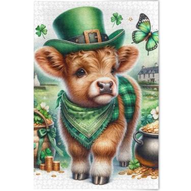 Imagem de Quebra-cabeça personalizado Highland Cow St Patricks 1000 peças para adultos divertido bobo divertido mordaça presente desenho animado arte animal, 75 cm x 50 cm